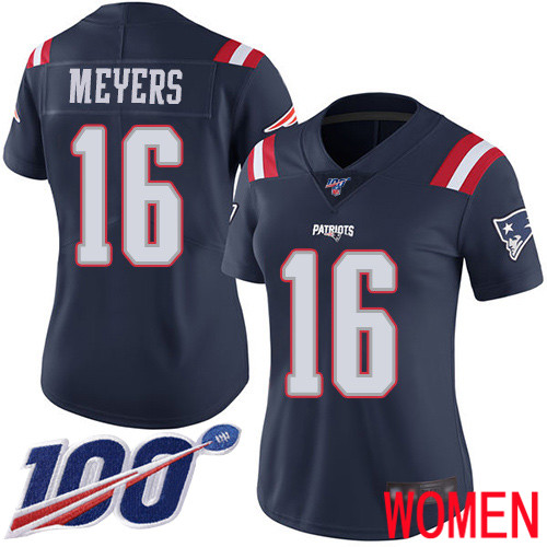 New England Patriots Football #16 100th Season Limited Navy Blue Women Jakobi Meyers NFL Jersey->new england patriots->NFL Jersey